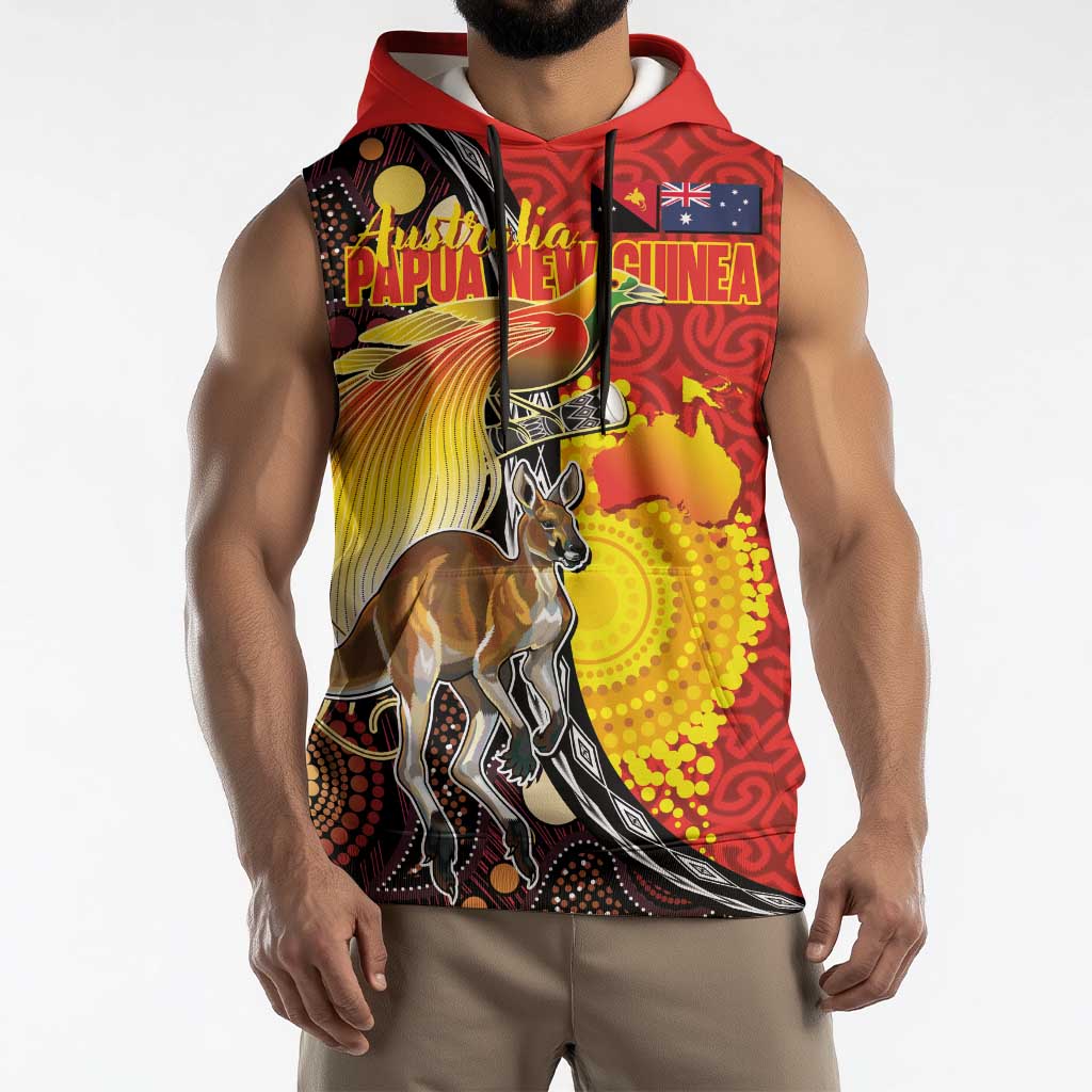 Australia and Papua New Guinea Together Sleeveless Hoodie Bird-of-paradise and Kangaroo with Oro Tapa and Aboriginal Art Motifs LT03 - Polynesian Pride