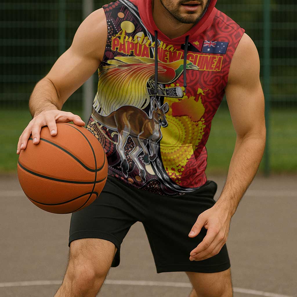 Australia and Papua New Guinea Together Sleeveless Hoodie Bird-of-paradise and Kangaroo with Oro Tapa and Aboriginal Art Motifs LT03 - Polynesian Pride