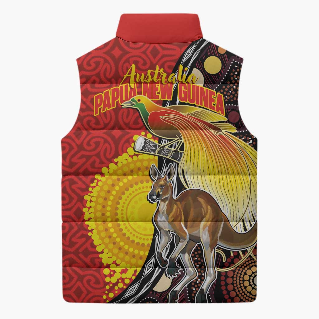 Australia and Papua New Guinea Together Sleeveless Puffer Jacket Bird-of-paradise and Kangaroo with Oro Tapa and Aboriginal Art Motifs LT03 - Polynesian Pride