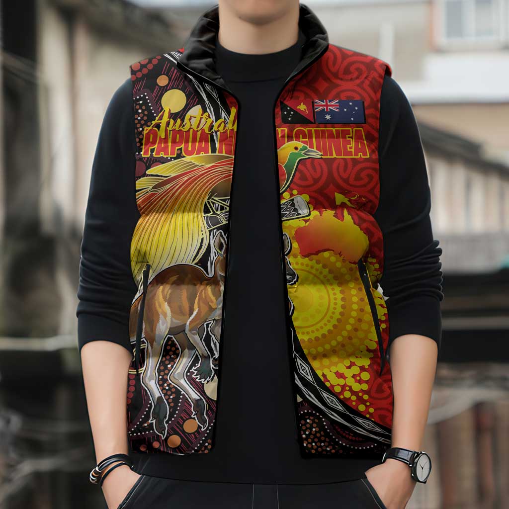 Australia and Papua New Guinea Together Sleeveless Puffer Jacket Bird-of-paradise and Kangaroo with Oro Tapa and Aboriginal Art Motifs LT03 - Polynesian Pride