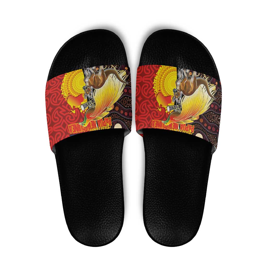 Australia and Papua New Guinea Together Slide Sandals Bird-of-paradise and Kangaroo with Oro Tapa and Aboriginal Art Motifs LT03 Black - Polynesian Pride