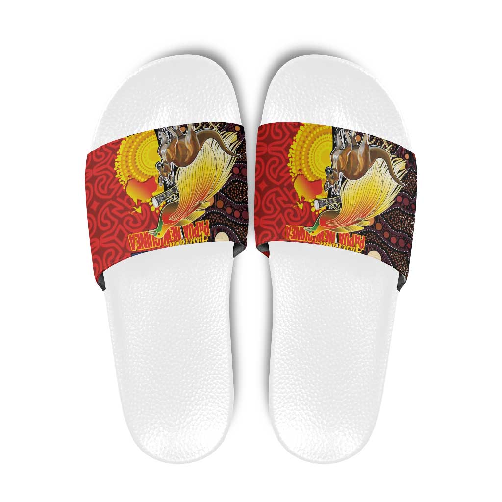 Australia and Papua New Guinea Together Slide Sandals Bird-of-paradise and Kangaroo with Oro Tapa and Aboriginal Art Motifs LT03 Black - Polynesian Pride