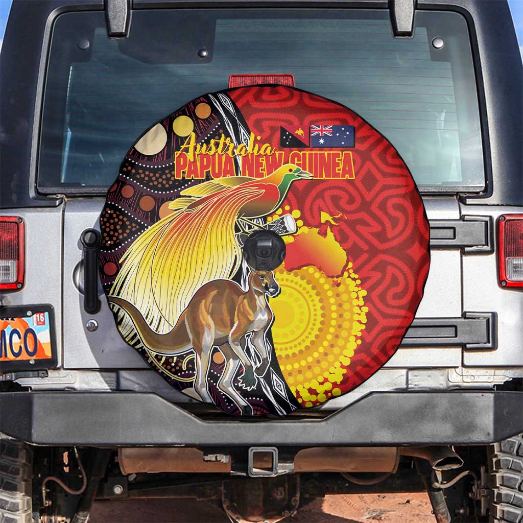Australia and Papua New Guinea Together Spare Tire Cover Bird-of-paradise and Kangaroo with Oro Tapa and Aboriginal Art Motifs LT03 Black - Polynesian Pride