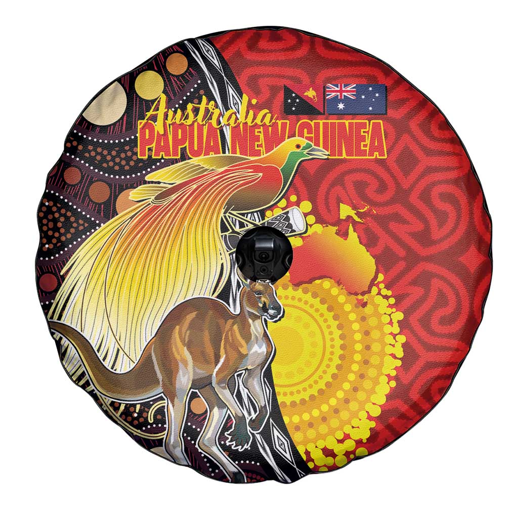 Australia and Papua New Guinea Together Spare Tire Cover Bird-of-paradise and Kangaroo with Oro Tapa and Aboriginal Art Motifs LT03 - Polynesian Pride