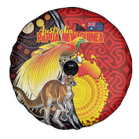 Australia and Papua New Guinea Together Spare Tire Cover Bird-of-paradise and Kangaroo with Oro Tapa and Aboriginal Art Motifs LT03 - Polynesian Pride