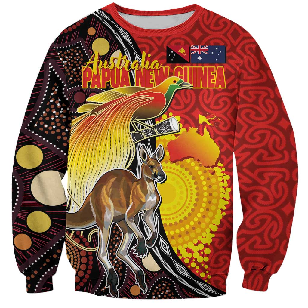 Australia and Papua New Guinea Together Sweatshirt Bird-of-paradise and Kangaroo with Oro Tapa and Aboriginal Art Motifs LT03 Unisex Black - Polynesian Pride