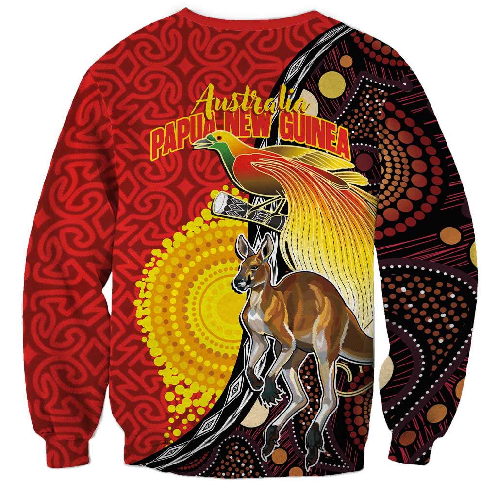 Australia and Papua New Guinea Together Sweatshirt Bird-of-paradise and Kangaroo with Oro Tapa and Aboriginal Art Motifs LT03 - Polynesian Pride