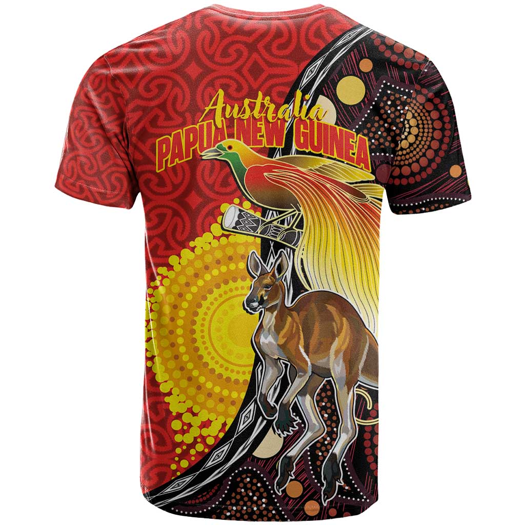 Australia and Papua New Guinea Together T Shirt Bird-of-paradise and Kangaroo with Oro Tapa and Aboriginal Art Motifs LT03 - Polynesian Pride