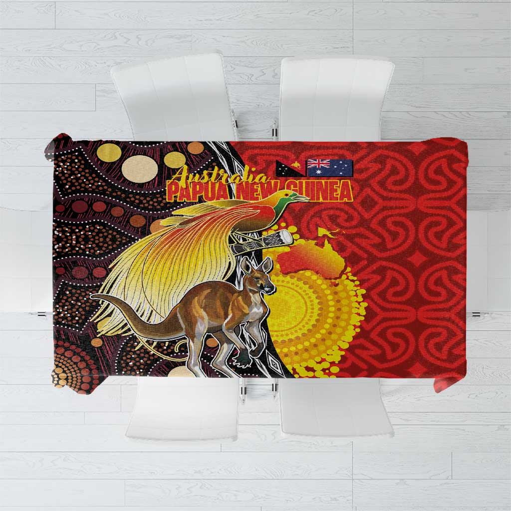Australia and Papua New Guinea Together Tablecloth Bird-of-paradise and Kangaroo with Oro Tapa and Aboriginal Art Motifs LT03 Black - Polynesian Pride