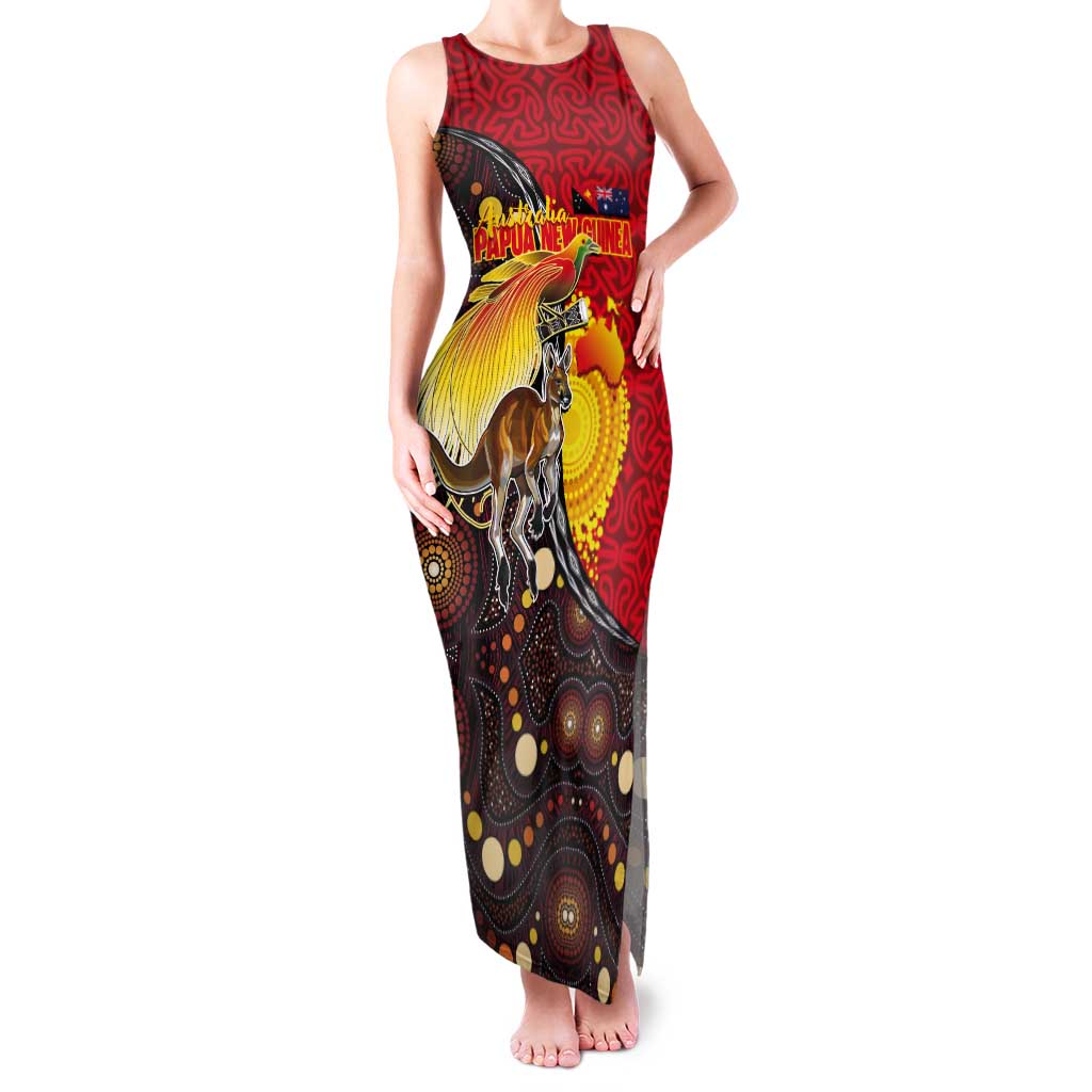 Australia and Papua New Guinea Together Tank Maxi Dress Bird-of-paradise and Kangaroo with Oro Tapa and Aboriginal Art Motifs LT03 Women Black - Polynesian Pride