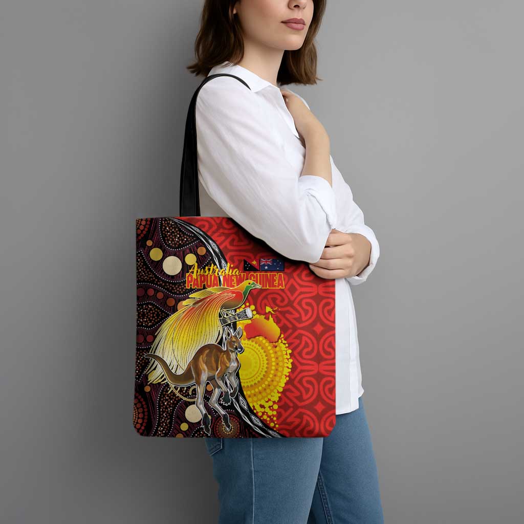 Australia and Papua New Guinea Together Tote Bag Bird-of-paradise and Kangaroo with Oro Tapa and Aboriginal Art Motifs LT03 - Polynesian Pride