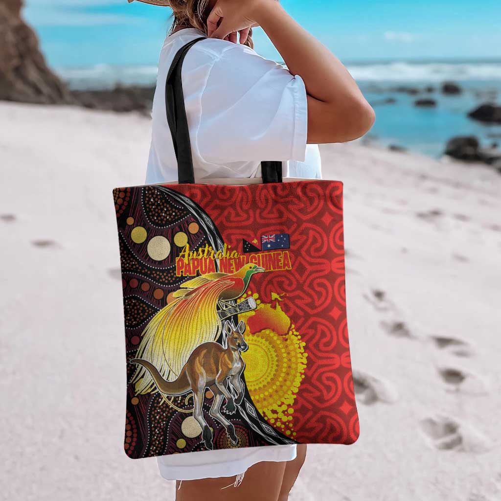 Australia and Papua New Guinea Together Tote Bag Bird-of-paradise and Kangaroo with Oro Tapa and Aboriginal Art Motifs LT03 - Polynesian Pride