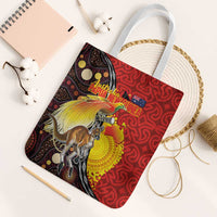 Australia and Papua New Guinea Together Tote Bag Bird-of-paradise and Kangaroo with Oro Tapa and Aboriginal Art Motifs LT03 White Strap One Size Black - Polynesian Pride