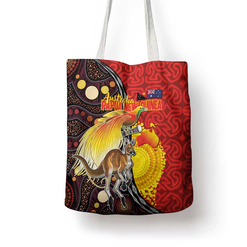Australia and Papua New Guinea Together Tote Bag Bird-of-paradise and Kangaroo with Oro Tapa and Aboriginal Art Motifs LT03 - Polynesian Pride