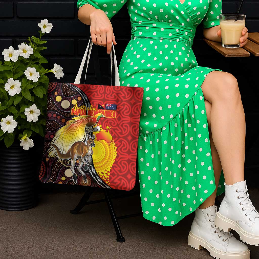 Australia and Papua New Guinea Together Tote Bag Bird-of-paradise and Kangaroo with Oro Tapa and Aboriginal Art Motifs LT03 - Polynesian Pride