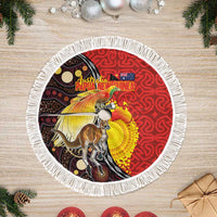 Australia and Papua New Guinea Together Tree Skirt Bird-of-paradise and Kangaroo with Oro Tapa and Aboriginal Art Motifs LT03 Fringed Black - Polynesian Pride