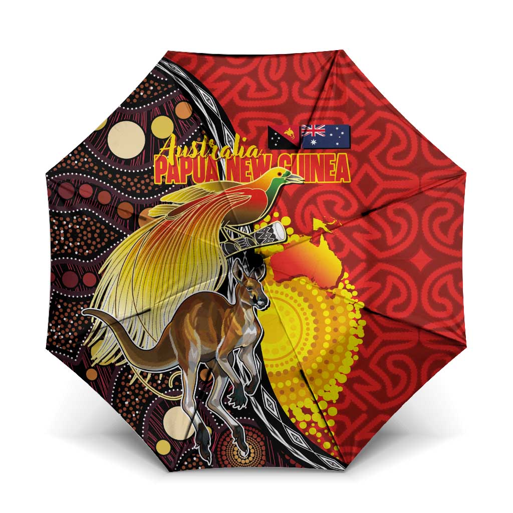 Australia and Papua New Guinea Together Umbrella Bird-of-paradise and Kangaroo with Oro Tapa and Aboriginal Art Motifs LT03 One Size Folded 11.42 inch Opened Diameter 37.4 inch Black - Polynesian Pride
