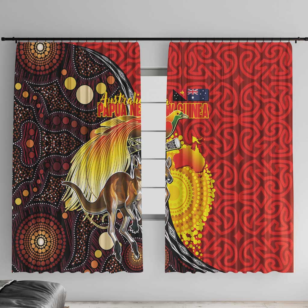 Australia and Papua New Guinea Together Window Curtain Bird-of-paradise and Kangaroo with Oro Tapa and Aboriginal Art Motifs LT03 With Hooks Black - Polynesian Pride