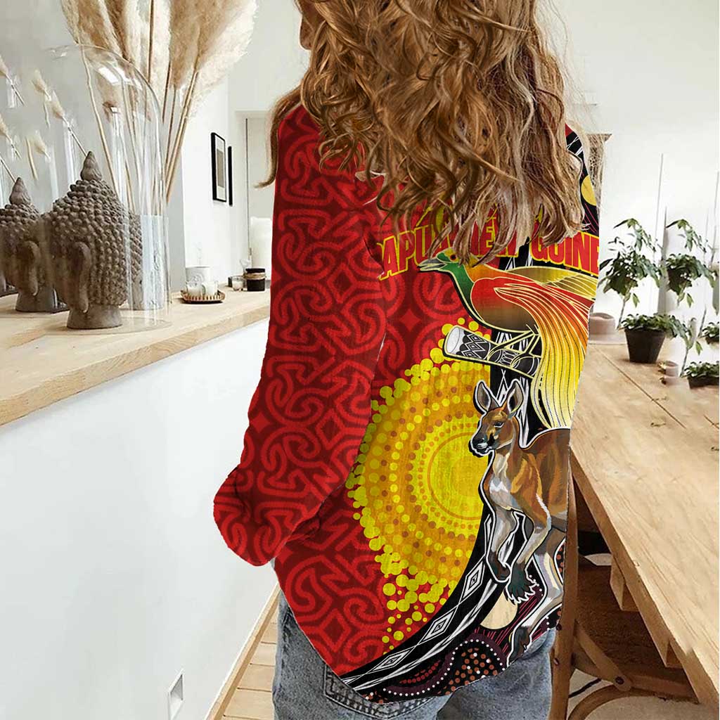 Australia and Papua New Guinea Together Women Casual Shirt Bird-of-paradise and Kangaroo with Oro Tapa and Aboriginal Art Motifs LT03 - Polynesian Pride