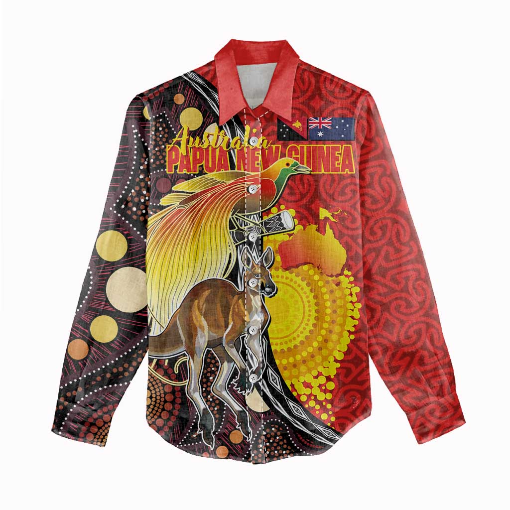 Australia and Papua New Guinea Together Women Casual Shirt Bird-of-paradise and Kangaroo with Oro Tapa and Aboriginal Art Motifs LT03 - Polynesian Pride