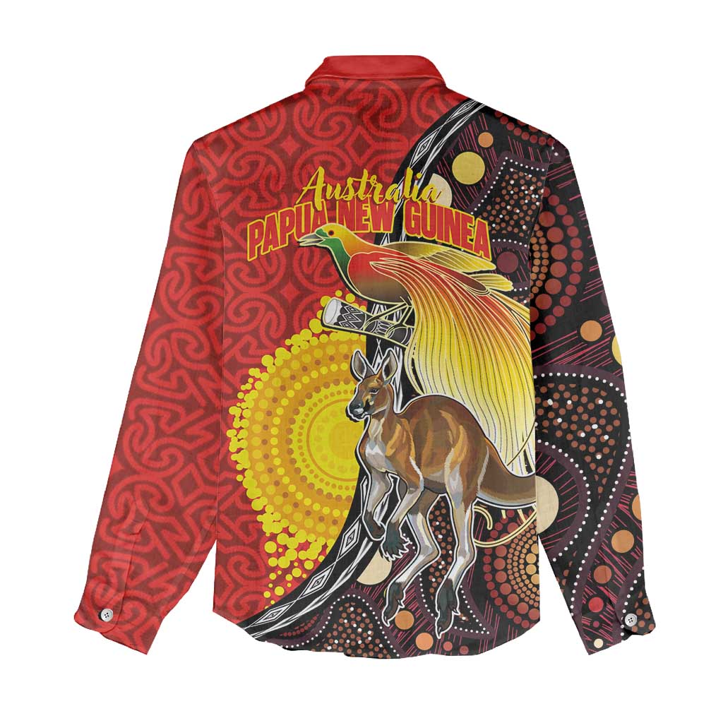 Australia and Papua New Guinea Together Women Casual Shirt Bird-of-paradise and Kangaroo with Oro Tapa and Aboriginal Art Motifs LT03 - Polynesian Pride