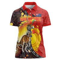 Australia and Papua New Guinea Together Women Polo Shirt Bird-of-paradise and Kangaroo with Oro Tapa and Aboriginal Art Motifs LT03 Female Black - Polynesian Pride