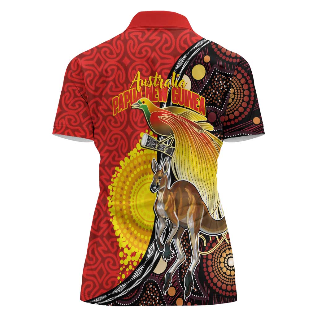 Australia and Papua New Guinea Together Women Polo Shirt Bird-of-paradise and Kangaroo with Oro Tapa and Aboriginal Art Motifs LT03 - Polynesian Pride