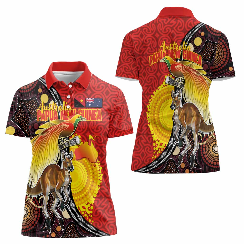 Australia and Papua New Guinea Together Women Polo Shirt Bird-of-paradise and Kangaroo with Oro Tapa and Aboriginal Art Motifs LT03 - Polynesian Pride