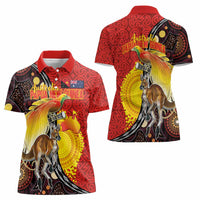 Australia and Papua New Guinea Together Women Polo Shirt Bird-of-paradise and Kangaroo with Oro Tapa and Aboriginal Art Motifs LT03 - Polynesian Pride