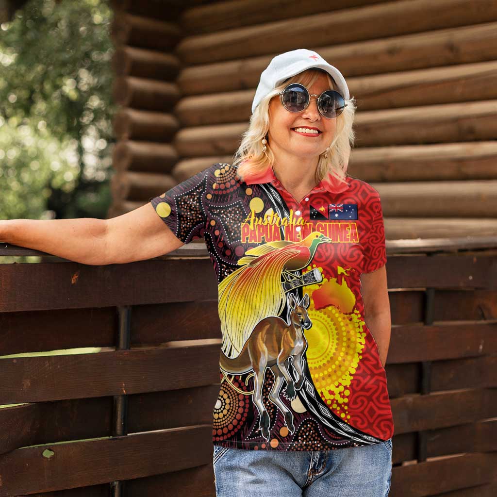 Australia and Papua New Guinea Together Women Polo Shirt Bird-of-paradise and Kangaroo with Oro Tapa and Aboriginal Art Motifs LT03 - Polynesian Pride