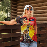 Australia and Papua New Guinea Together Women Polo Shirt Bird-of-paradise and Kangaroo with Oro Tapa and Aboriginal Art Motifs LT03 - Polynesian Pride