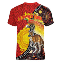 Australia and Papua New Guinea Together Women V-Neck T-Shirt Bird-of-paradise and Kangaroo with Oro Tapa and Aboriginal Art Motifs LT03 - Polynesian Pride