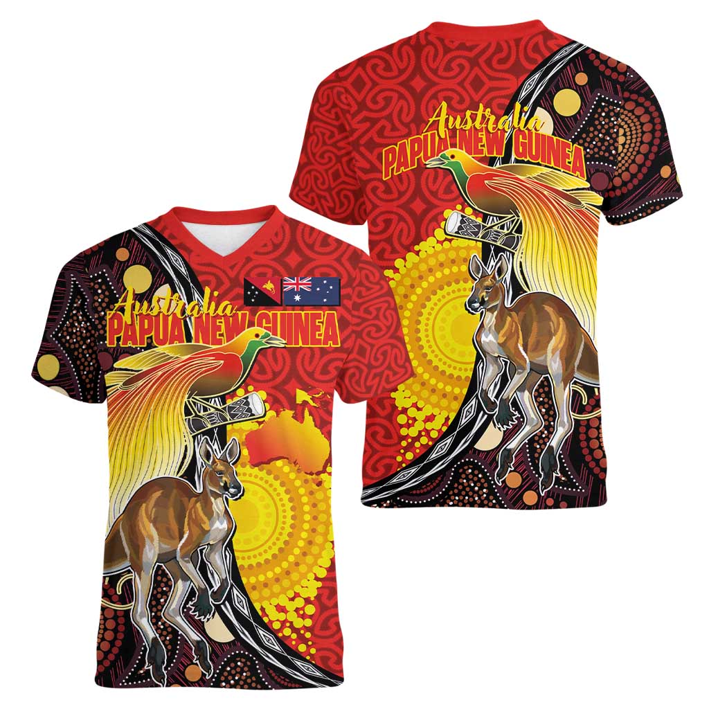 Australia and Papua New Guinea Together Women V-Neck T-Shirt Bird-of-paradise and Kangaroo with Oro Tapa and Aboriginal Art Motifs LT03 - Polynesian Pride