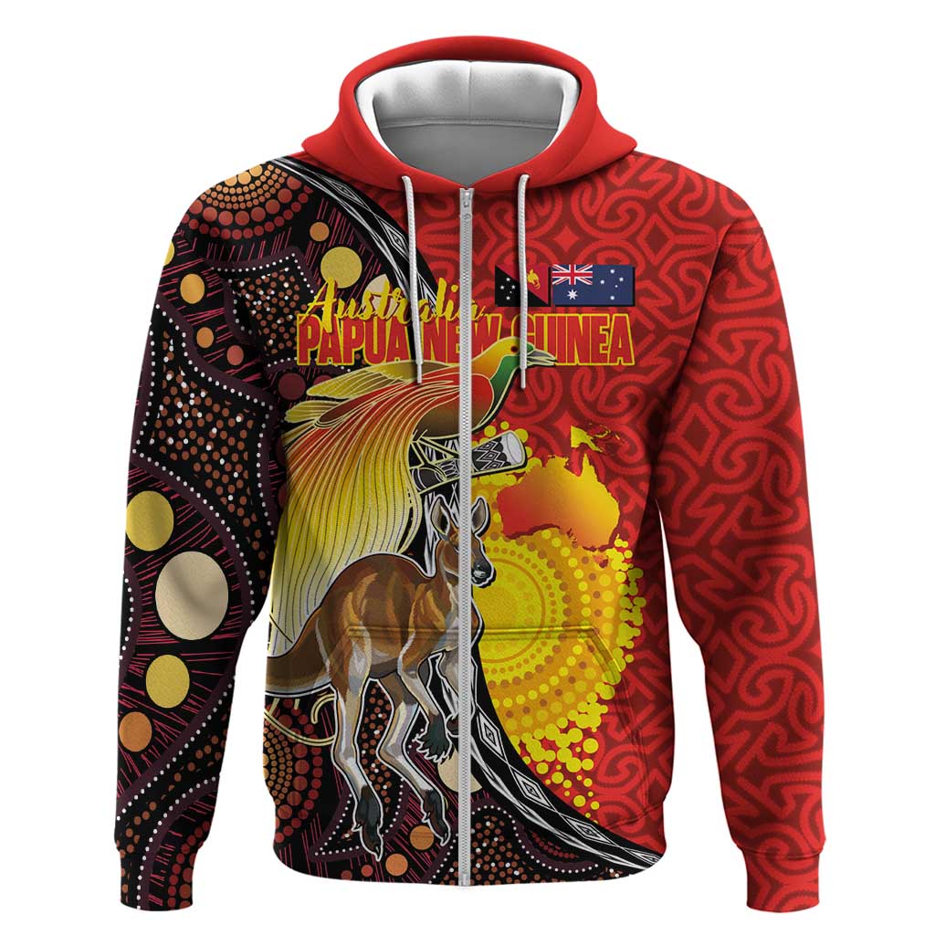 Australia and Papua New Guinea Together Zip Hoodie Bird-of-paradise and Kangaroo with Oro Tapa and Aboriginal Art Motifs LT03 Zip Hoodie Black - Polynesian Pride