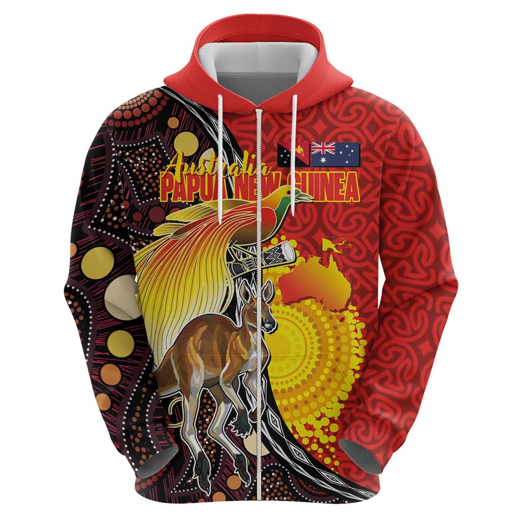Australia and Papua New Guinea Together Zip Hoodie Bird-of-paradise and Kangaroo with Oro Tapa and Aboriginal Art Motifs LT03 - Polynesian Pride