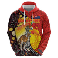 Australia and Papua New Guinea Together Zip Hoodie Bird-of-paradise and Kangaroo with Oro Tapa and Aboriginal Art Motifs LT03 - Polynesian Pride