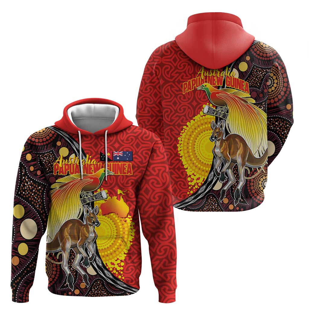 Australia and Papua New Guinea Together Zip Hoodie Bird-of-paradise and Kangaroo with Oro Tapa and Aboriginal Art Motifs LT03 - Polynesian Pride
