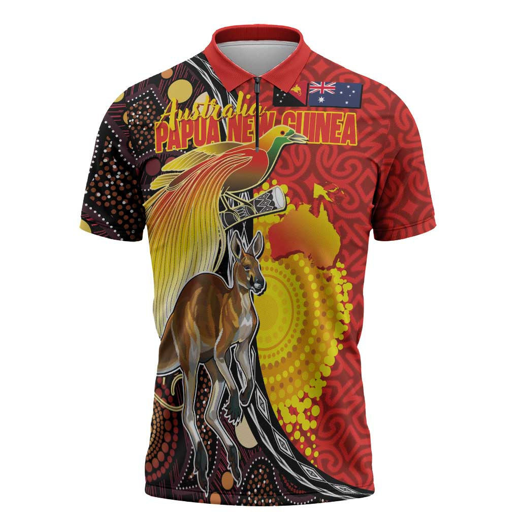 Australia and Papua New Guinea Together Zipper Polo Shirt Bird-of-paradise and Kangaroo with Oro Tapa and Aboriginal Art Motifs - Polynesian Pride