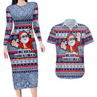 Fiji Christmas Couples Matching Long Sleeve Bodycon Dress and Hawaiian Shirt Fijian Santa and Coat of Arms Mix Tapa Pattern Striped Style LT03 Blue - Polynesian Pride