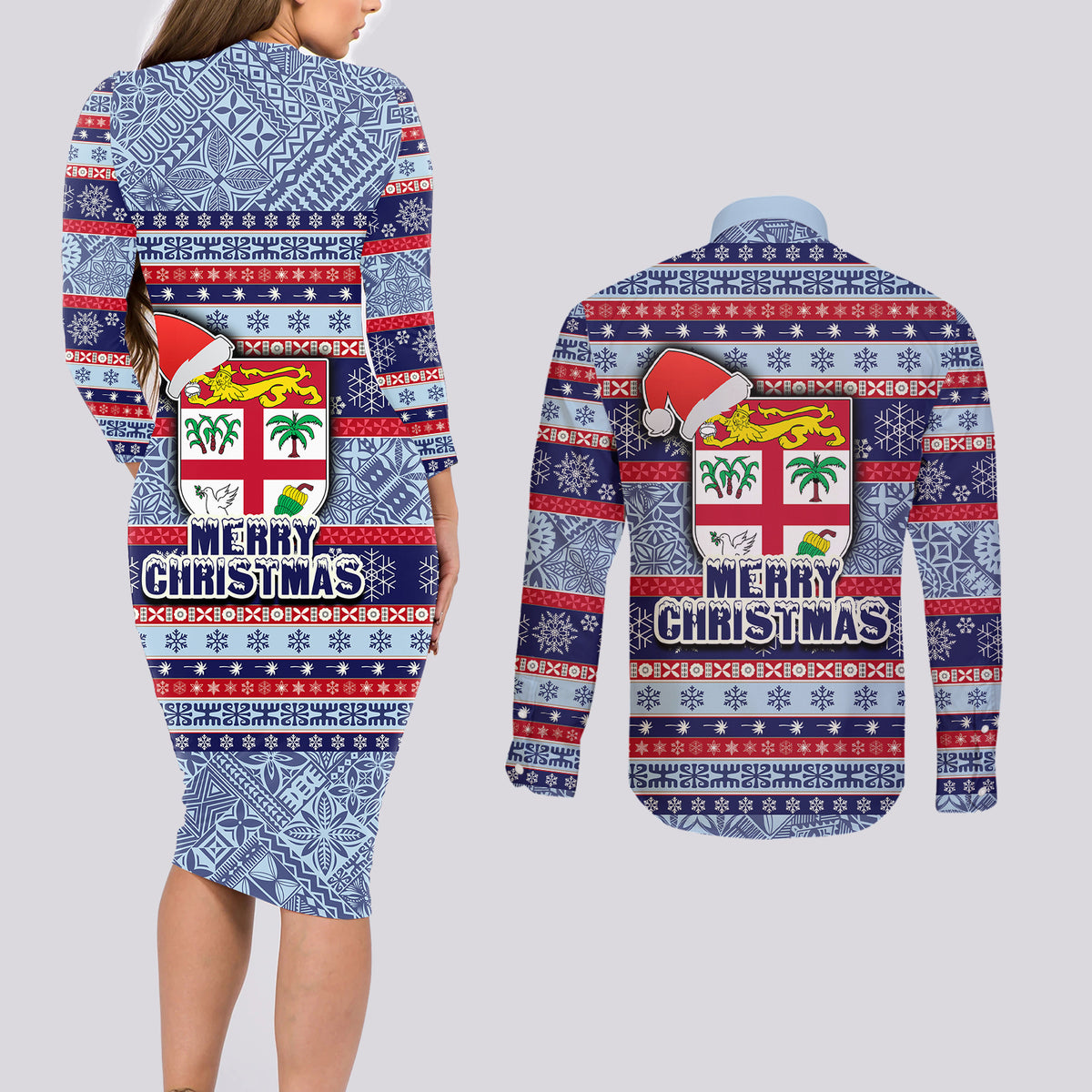 Fiji Christmas Couples Matching Long Sleeve Bodycon Dress and Long Sleeve Button Shirts Fijian Santa and Coat of Arms Mix Tapa Pattern Striped Style LT03 - Polynesian Pride