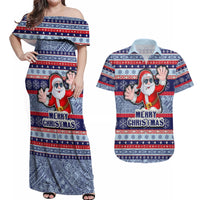Fiji Christmas Couples Matching Off Shoulder Maxi Dress and Hawaiian Shirt Fijian Santa and Coat of Arms Mix Tapa Pattern Striped Style LT03 Blue - Polynesian Pride