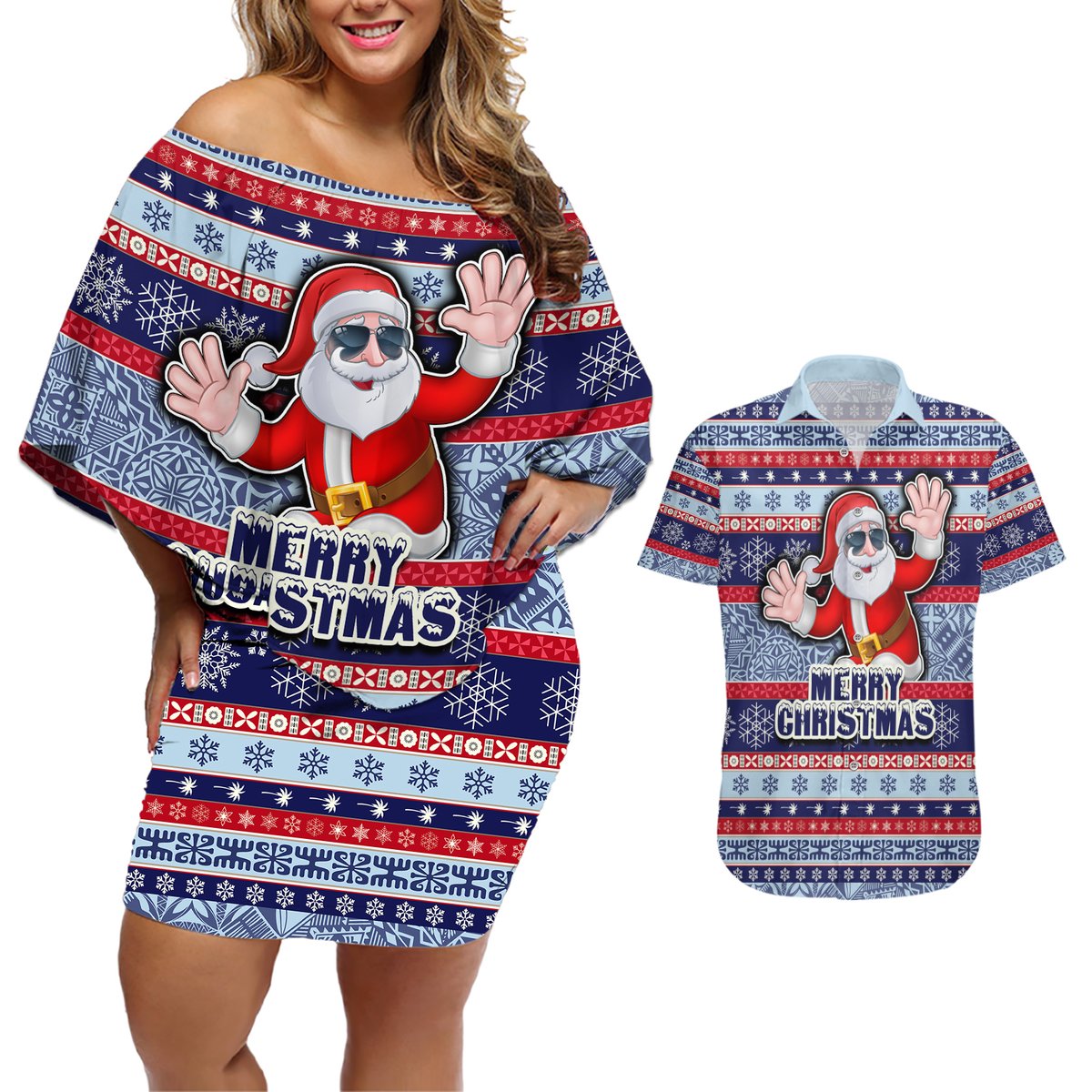 Fiji Christmas Couples Matching Off Shoulder Short Dress and Hawaiian Shirt Fijian Santa and Coat of Arms Mix Tapa Pattern Striped Style LT03 Blue - Polynesian Pride