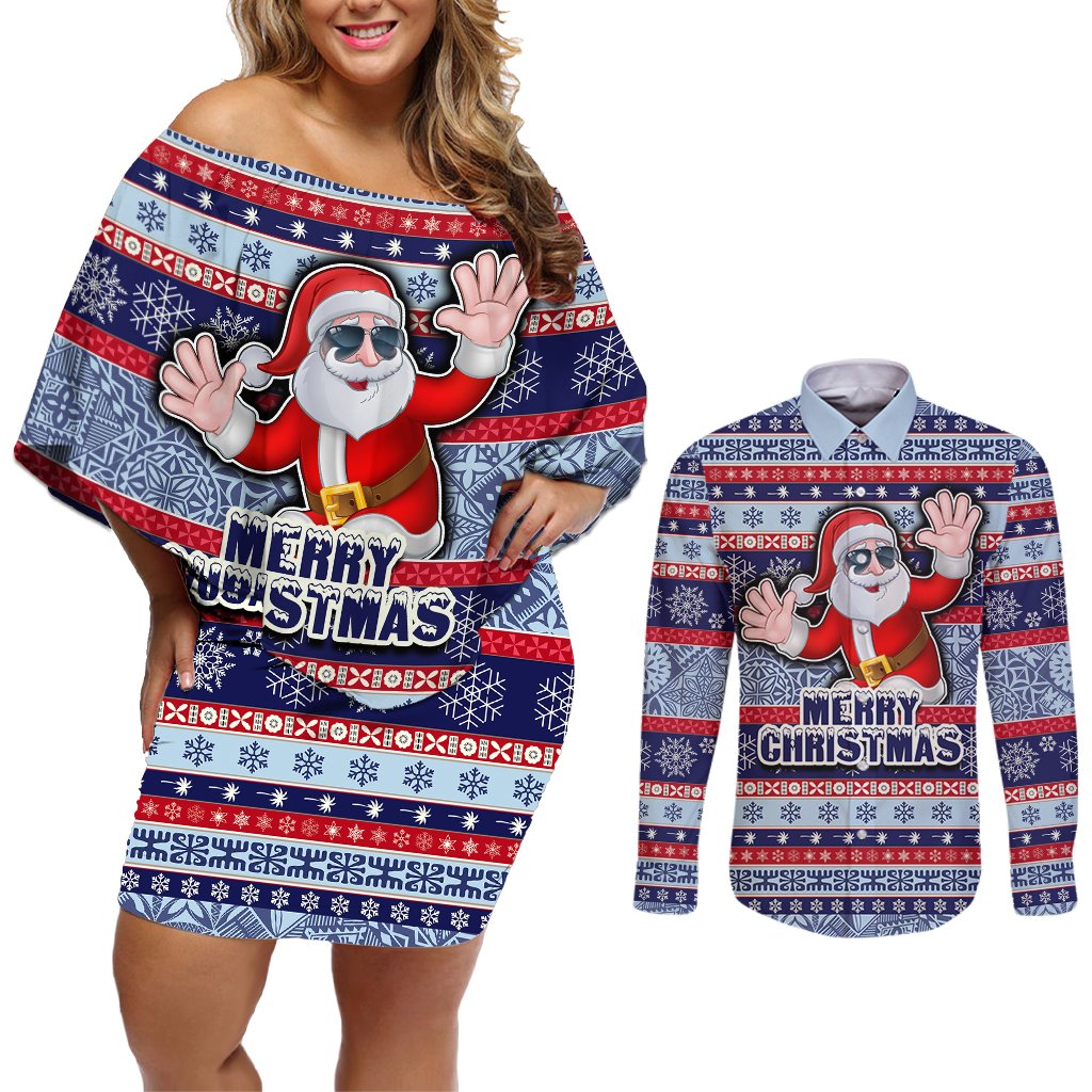 Fiji Christmas Couples Matching Off Shoulder Short Dress and Long Sleeve Button Shirts Fijian Santa and Coat of Arms Mix Tapa Pattern Striped Style LT03 Blue - Polynesian Pride