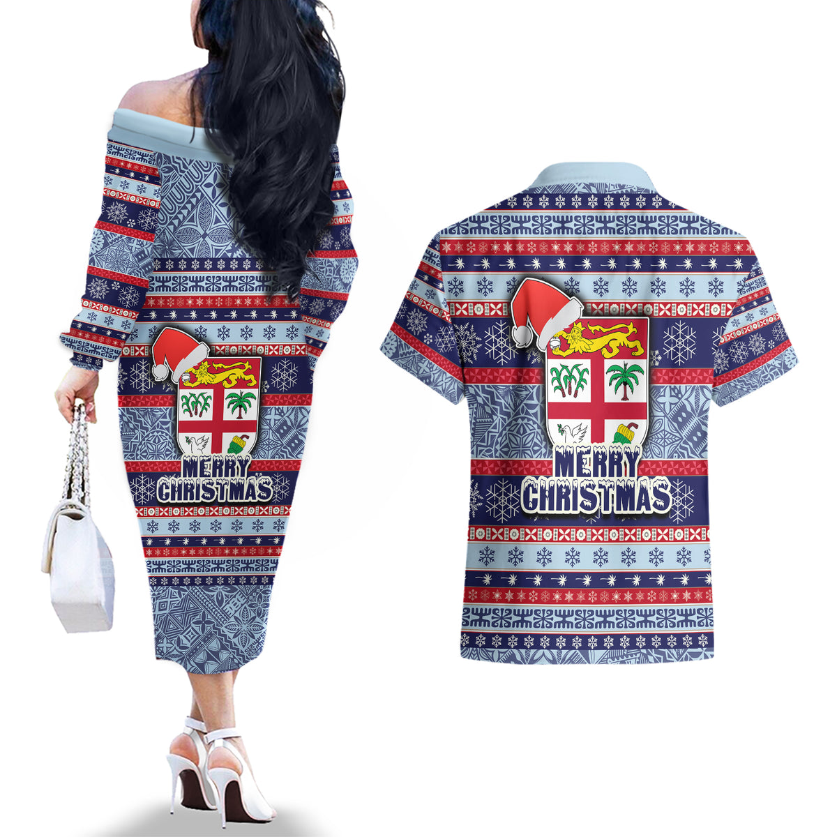 Fiji Christmas Couples Matching Off The Shoulder Long Sleeve Dress and Hawaiian Shirt Fijian Santa and Coat of Arms Mix Tapa Pattern Striped Style LT03 - Polynesian Pride