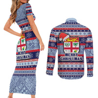Fiji Christmas Couples Matching Short Sleeve Bodycon Dress and Long Sleeve Button Shirts Fijian Santa and Coat of Arms Mix Tapa Pattern Striped Style LT03 - Polynesian Pride