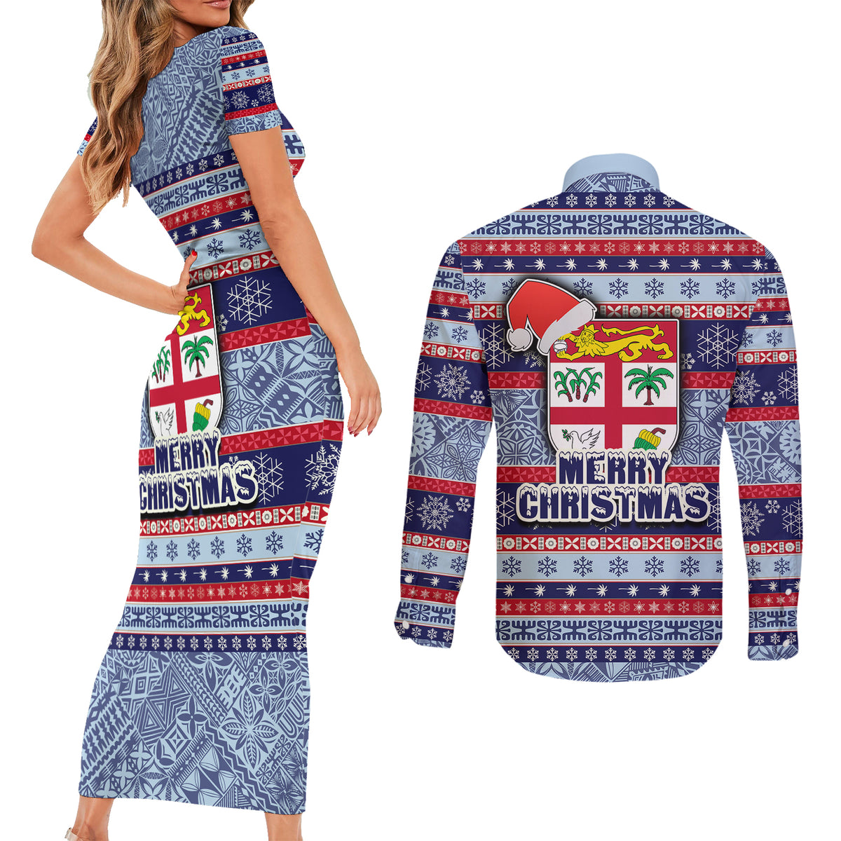 Fiji Christmas Couples Matching Short Sleeve Bodycon Dress and Long Sleeve Button Shirts Fijian Santa and Coat of Arms Mix Tapa Pattern Striped Style LT03 - Polynesian Pride