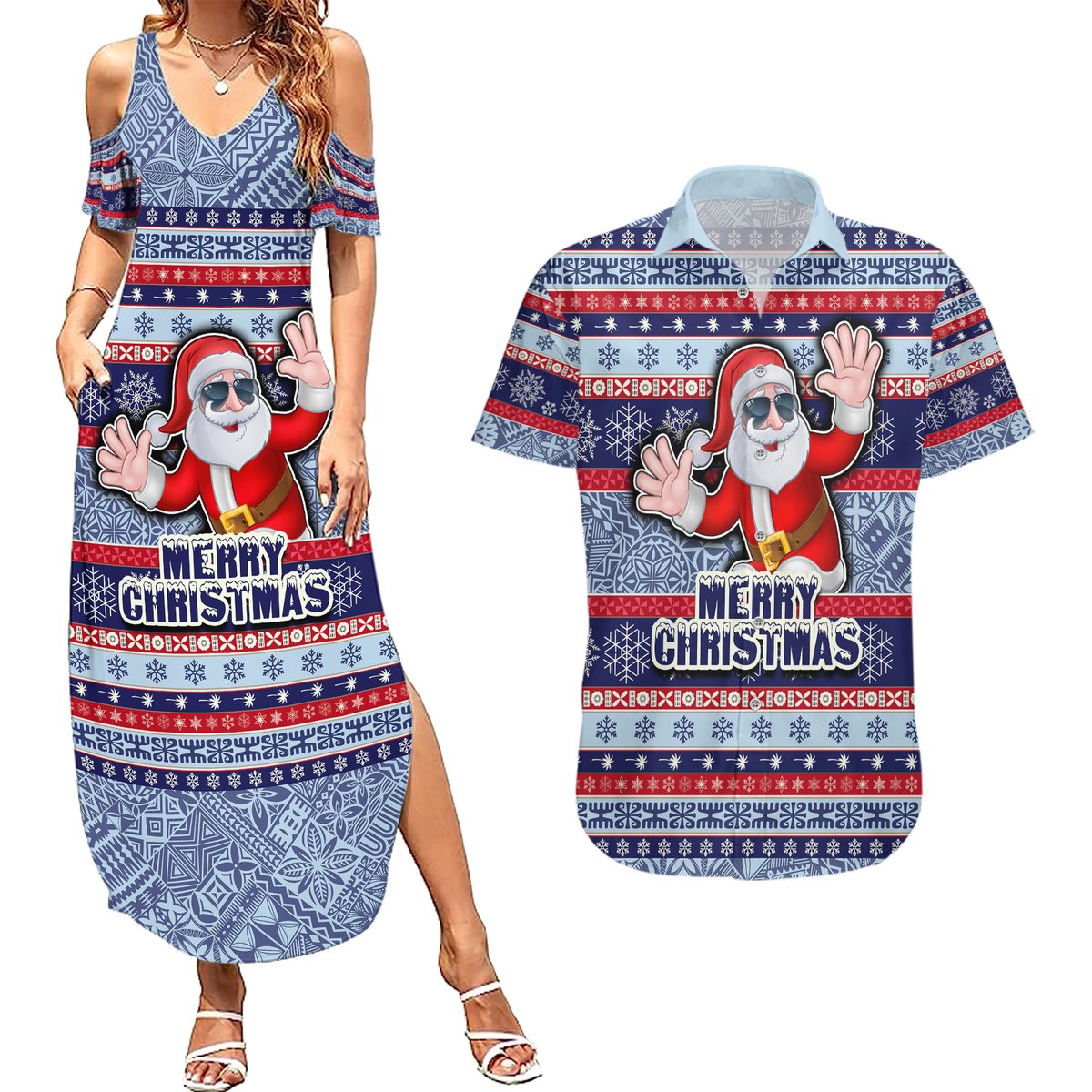 Fiji Christmas Couples Matching Summer Maxi Dress and Hawaiian Shirt Fijian Santa and Coat of Arms Mix Tapa Pattern Striped Style LT03 Blue - Polynesian Pride