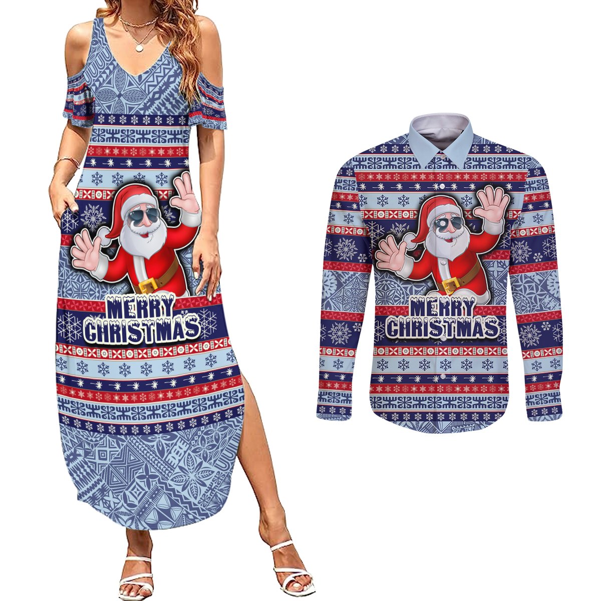 Fiji Christmas Couples Matching Summer Maxi Dress and Long Sleeve Button Shirts Fijian Santa and Coat of Arms Mix Tapa Pattern Striped Style LT03 Blue - Polynesian Pride