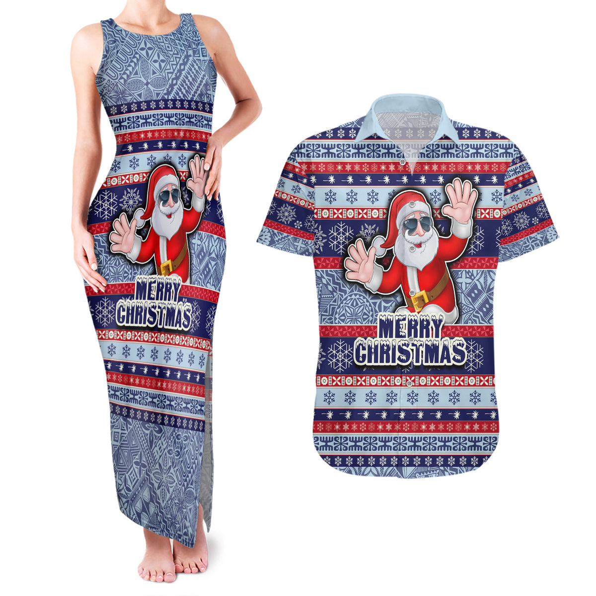 Fiji Christmas Couples Matching Tank Maxi Dress and Hawaiian Shirt Fijian Santa and Coat of Arms Mix Tapa Pattern Striped Style LT03 Blue - Polynesian Pride