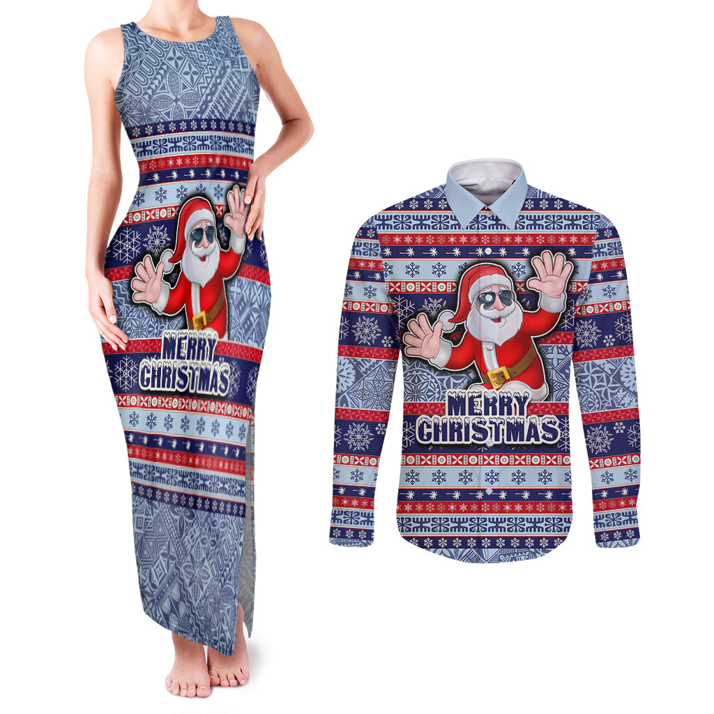 Fiji Christmas Couples Matching Tank Maxi Dress and Long Sleeve Button Shirts Fijian Santa and Coat of Arms Mix Tapa Pattern Striped Style LT03 Blue - Polynesian Pride